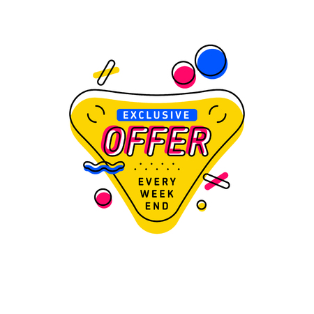 Bright geometric figures decorating vivid yellow banner with every weekend exclusive offer writingのイラスト素材