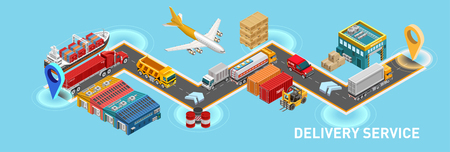 Creative vector map in isometry showing way of package from dispatch to receivingのイラスト素材