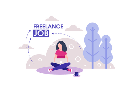 Freelance concept. Girl freelancer on outdoor working with laptop with wireless connection. Landing page vector design template.のイラスト素材
