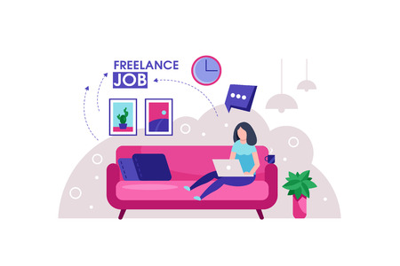 Freelance girl. Woman sitting on the sofa works with laptop, modern freelance template for website. Freelancer girl modern home office design.のイラスト素材