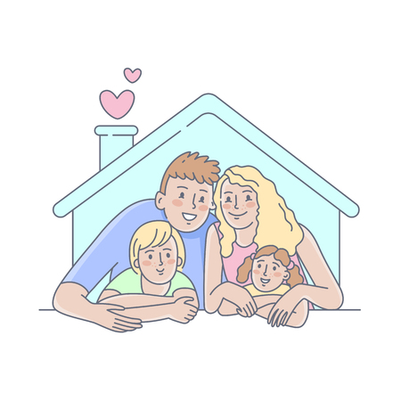Happy family concept. Younf family with mother, daughter and father looking from his house and smiling.のイラスト素材
