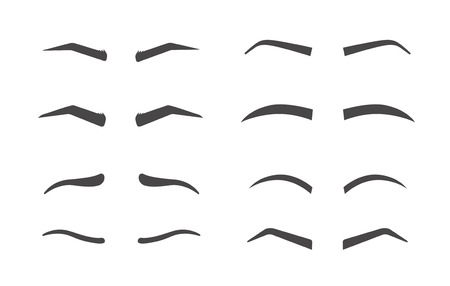 Eyebrow shaping. Makeup tips of eyebrow. Isolated set of different shapes thick ans arch, angle and thin eyebrow on white background.のイラスト素材