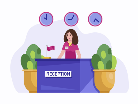 Hotel reception. Side view of a hotel reception desk standing with girl in cartoon vector style.のイラスト素材