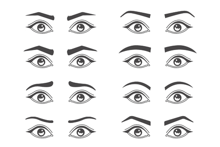 Eyebrow shaping. Makeup tips of eyebrow. Isolated set of different shapes thick ans arch, angle and thin eyebrow on white background.のイラスト素材