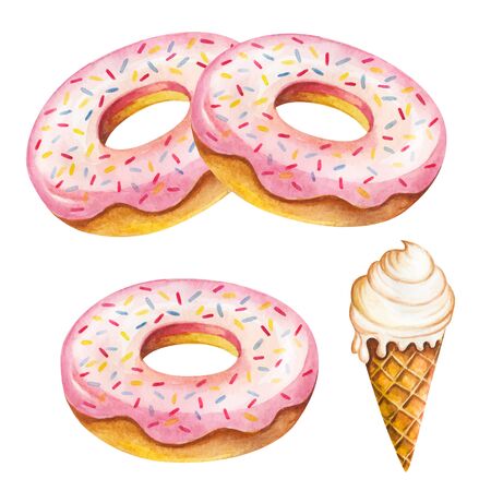 Donut watercolor. Breakfast sweet food on watercolor illustration. Painting pink donut vector isolated on white background. Aquarelle sweet food for restaurant menu.のイラスト素材