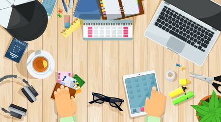 Home office desk. Template design of home office working view from above. Remote work concept illustration. Workplace home mockup.のイラスト素材