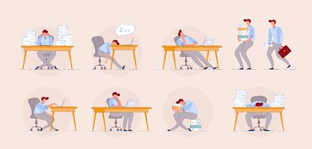 Tired office worker. Burnout concept with unhappy man on office workplace. Frustrated office worker exhausted on routine process. Overworked tired man bored on job with stress. Sitting unhealthy work.のイラスト素材