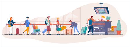 Airport check in desk. Traveler queue from airport terminal check in counter for drop-off luggage to security line. Cartoon vector people with suitecase stand in queue to for registration to departureのイラスト素材