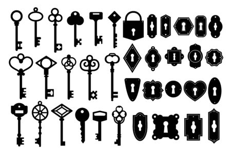 Vintage key skeleton and keyhole silhouette setのイラスト素材