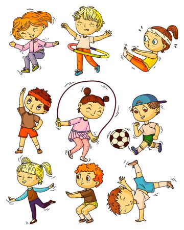 Kids sports. Children working out, doing sports activity set. Happy kids people training, exercising, doing gymnastics, squats, skipping, playing soccer, dancing childhood lifestyle collectionのイラスト素材