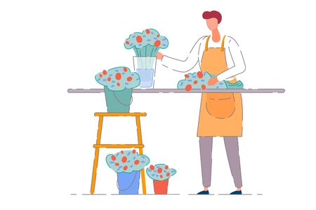 Flower shop owner. Isolated vector florist seller man in apron working and making bouquet at shop counter with flowers in buckets. Store owner person businessのイラスト素材