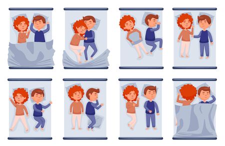Couple sleeping in bed set. Isolated vector man and woman person couples lying, relaxing and sleeping together in bed in different poses. Sleep rest position collectionのイラスト素材