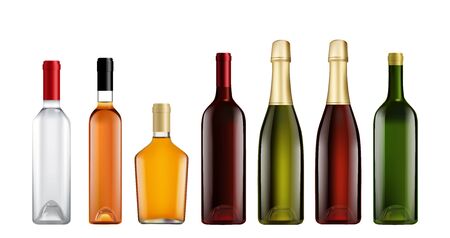 Glass bottle mockup set. Isolated realistic blank alcohol beverage bottle template icons. Full brandy, whiskey, wine, vodka, cognac, champagne alcoholic drink glass bottle mockup collectionのイラスト素材