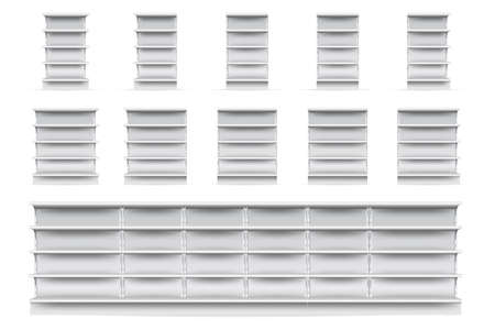 Shop shelves set. Isolated empty supermarket store showcase shelve icon collection. Realistic blank white retail shop display shelves front view. Vector market and business conceptのイラスト素材