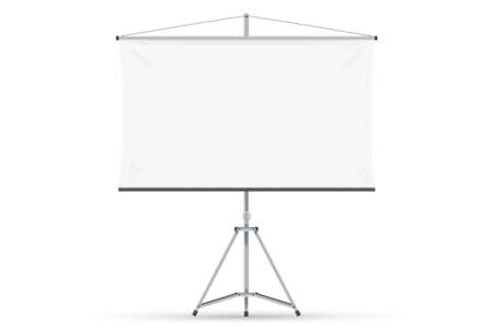 Blank projection screen. Isolated empty white projection screen display on tripod. Vector education, visual presentation, business conference conceptのイラスト素材