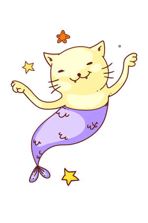 Fantasy mermaid cat. Isolated funny mermaid cat fish cartoon character sketch drawing. Vector cute happy fantasy underwater animal doodle artのイラスト素材