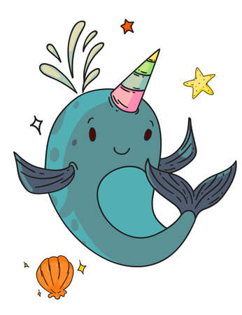 Unicorn narwhal fantasy creature. Isolated funny unicorn narwhal whale child cartoon character with horn, shell and starfish sketch drawing. Vector cute happy fantasy creature animal doodle artのイラスト素材