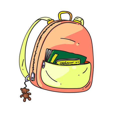 Small backpack. Isolated cartoon kid school bag with pocket and zippers doodle icon. Student child small schoolbag backpack object. Vector education and study conceptのイラスト素材