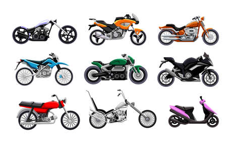 Motorbike icon set. Isolated motorcycle, scooter, chopper and sport bike icon collection. Motor transport, motorbike design illustrationのイラスト素材