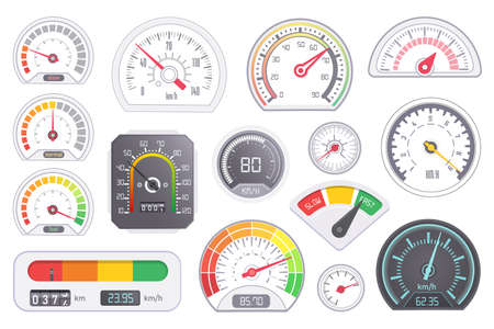 Speedometer icon. Car speed dashboard panel and speed-up power measurement equipment different shape and form illustration. Speedometer digital scoreboard set isolated on white backgroundのイラスト素材