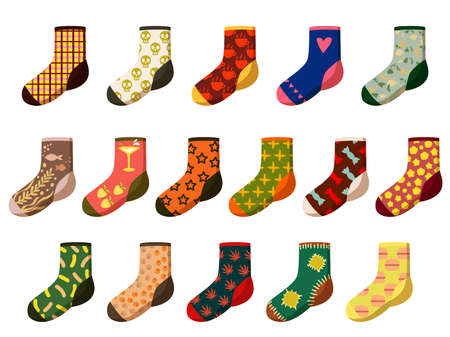 Cartoon socks. Different woolen, textile and cotton feet wear with holiday pattern and texture. Socks apparel bundle isolated on white background.のイラスト素材