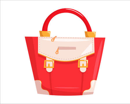 Red woman handbag. Isolated female fashion accessory. Beautiful woman hand bag glamour style design with handle, buckles and zippers. Red lady handbag iconのイラスト素材