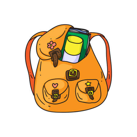Orange backpack. Isolated cartoon school or college bag with pockets, books and straps doodle icon. Student child orange schoolbag backpack object. Vector education and study conceptのイラスト素材