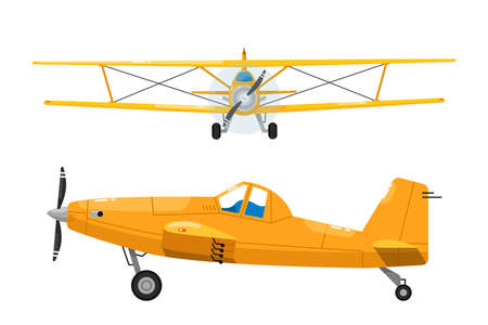 Light aircrafts set. Isolated biplane and monoplane aircraft with wings, engine and propeller front...