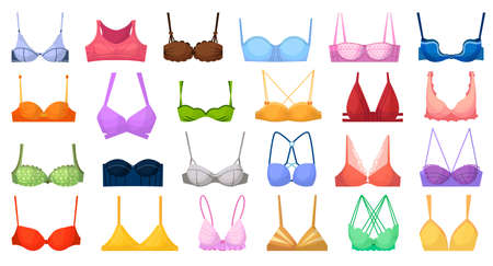 Fashion bra. Bustier different type illustration. Vector woman fabric lingerie. Fashion textile bra icon set isolated on white background. Female underwear clothing collection. Casual feminine garmentのイラスト素材
