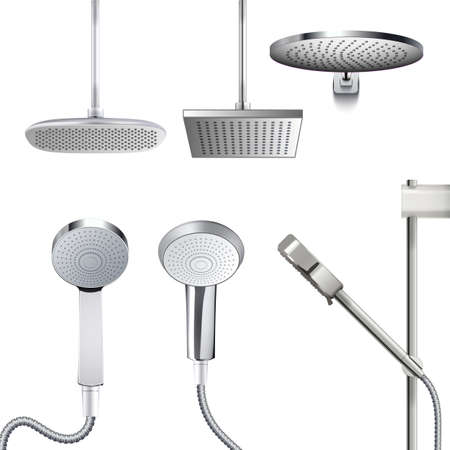 Shower head. Realistic vector chrome bathroom sprinkler different shape and size. Elegant douche with water rain spray hole. Metallic shower head template set isolated on white background illustrationのイラスト素材