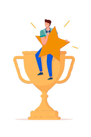 Man with rating star on trophy cup isolated iconのイラスト素材