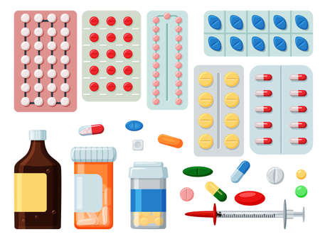 Pharmaceutical tablet, pill and liquid icon setのイラスト素材