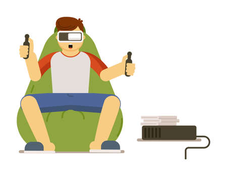 Man playing video game in VR goggles isolated on whiteのイラスト素材