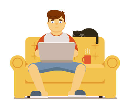 Man with laptop on sofa isolated on white backgroundのイラスト素材