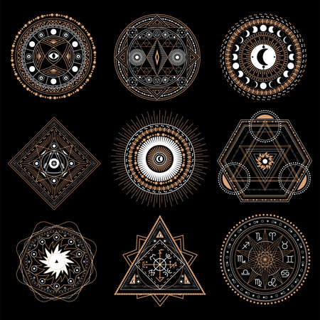 Mystic circle symbol isolated on dark backgroundのイラスト素材