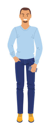 Handsome trendy man with phone isolated on whiteのイラスト素材