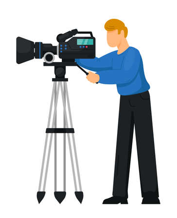 Cameraman with professional digital video camera on whiteのイラスト素材
