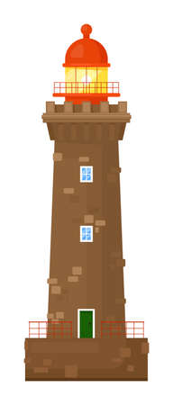 Brick lighthouse with beaming spotlight on whiteのイラスト素材