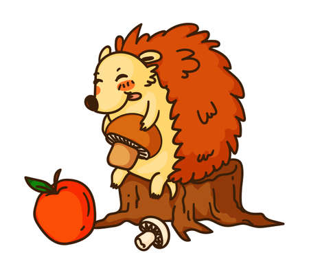 Hedgehog smelling flower isolated on white backgroundのイラスト素材