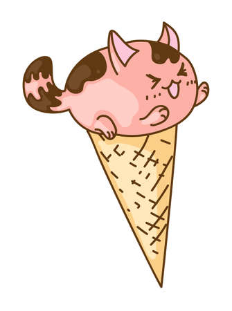 Isolated ice-cream cone with meowing stretching catのイラスト素材