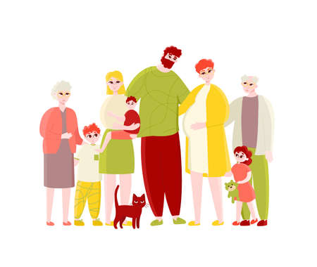 Big happy multi-generational family portrait. Young parent couple with pregnant wife, adult daughter with baby, children, senior grandparent and cat vector illustration isolated on white backgroundのイラスト素材