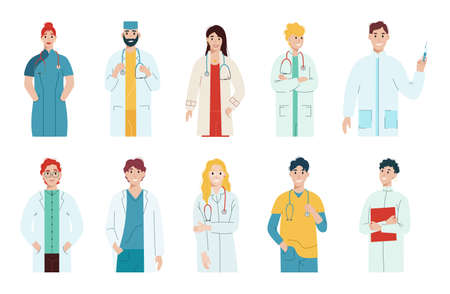 Doctor portrait with male and female hospital staff. Medical worker, healthcare medic and paramedic character as surgeon, physician, nurse, intern vector illustration isolated on white backgroundのイラスト素材