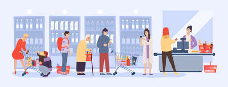 People shopper queue at supermarket counter desk. Old and young man woman customer holding basket...