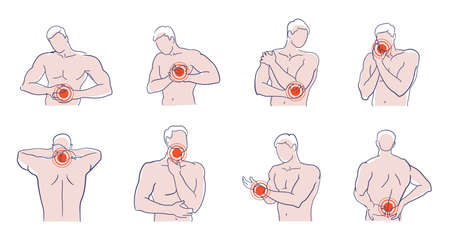 Man character suffering from pain in different body area set. Male human figure with red dot showing problem place with ache, cramp, tension or sore vector illustration isolated on white backgroundのイラスト素材