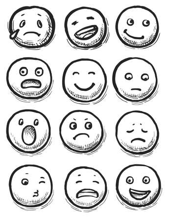 Hand-drawn emoticon. Modern outline style emoji face showing different expression and feeling doodle icon set on white. Simple hand-drawn comic emoticon pictogram illustration. Mood sketchingの写真素材