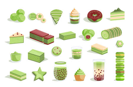 Oriental matcha green tea, sweet dessert menu assortment. Herbal east bubble tea cocktail, macaroon, cupcake, roll, cookie delicatessen confectionery vector illustration isolated on white backgroundのイラスト素材