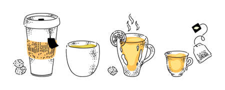 Hot tea drink in cup row isolated on white backgroundのイラスト素材