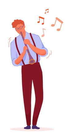 Man musician playing flute isolated on white backgroundのイラスト素材