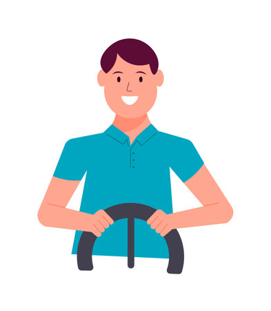 Man holding car steering wheel driving automobile on whiteのイラスト素材