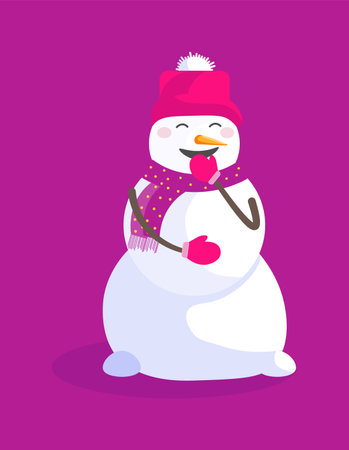 Laughing snowman character in hat and scarf on violetのイラスト素材